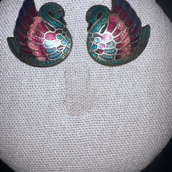 Cloisonne Gold-Plated Enamel Swan Earrings - Picture 3 of 3